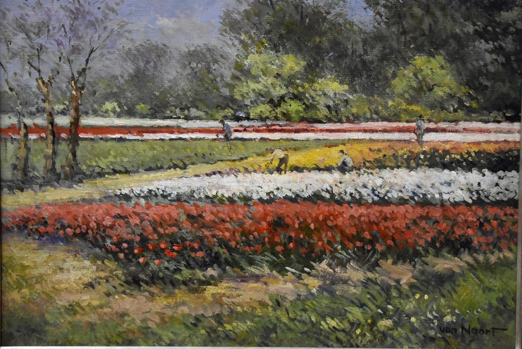 Arie Cees van Noort (1914) Olie Doek "Bloembollenveld" Ges, Ophalen of Verzenden