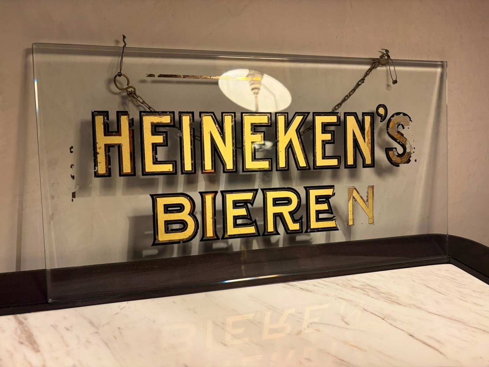 Vintage Heineken’s bieren glasplaat, Verzamelen, Merken en Reclamevoorwerpen, Ophalen, Gebruikt, Reclamebord