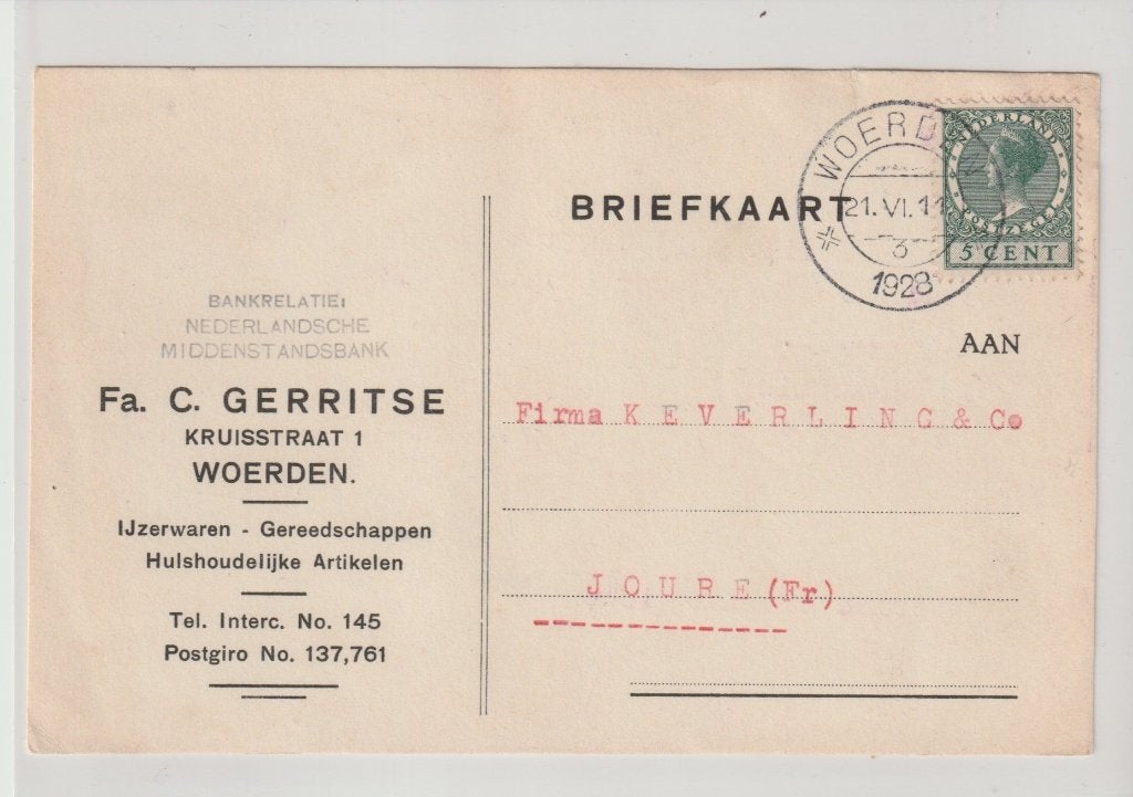Woerden - Reclame firma briefkaart Gerritse 1928 * 262626-05, Ophalen of Verzenden, 1920 tot 1940, Gelopen, Utrecht