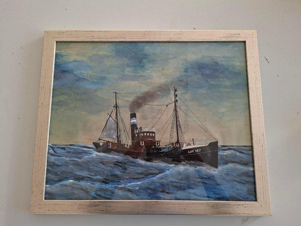 vintage tekening schilderij vissersschip stoomboot Ijmuiden, Ophalen of Verzenden, Gebruikt, Motorboot, Kaart, Foto of Prent