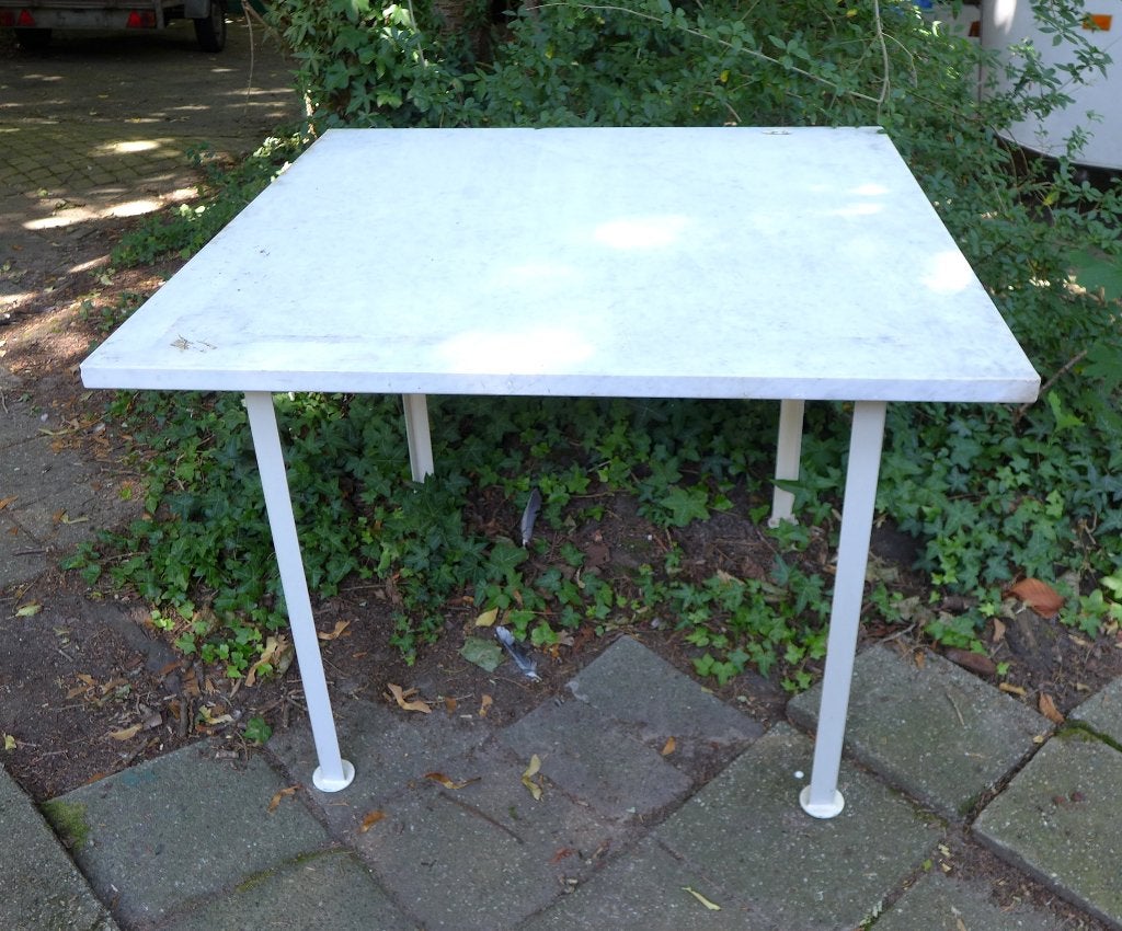 Mooie witte marmeren vierkante tuintafel, Tuin en Terras, Tuintafels, Ophalen, Overige materialen, Gebruikt, Onbekend