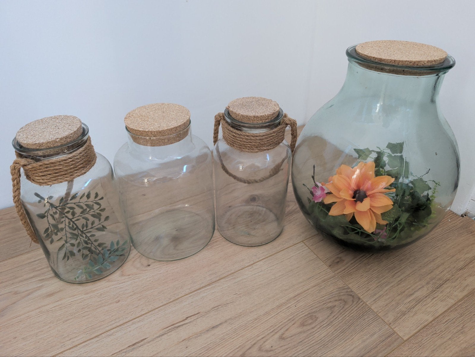 Set van 4 glazen vazen/potten met kurk en touw, Ophalen, Gebruikt, Transparant, Met deksel