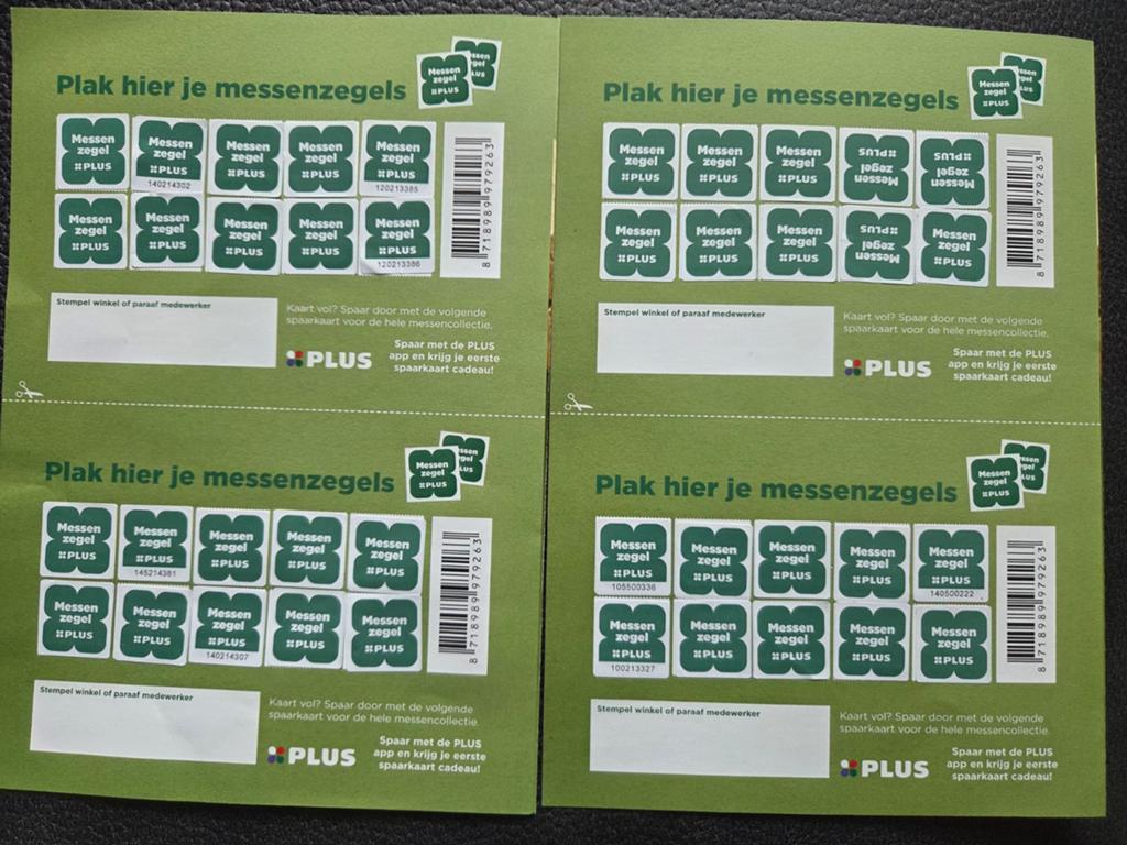 Plus zwilling messenzegels 4 volle kaarten, Verzamelen, Supermarktacties, Plus, Ophalen of Verzenden