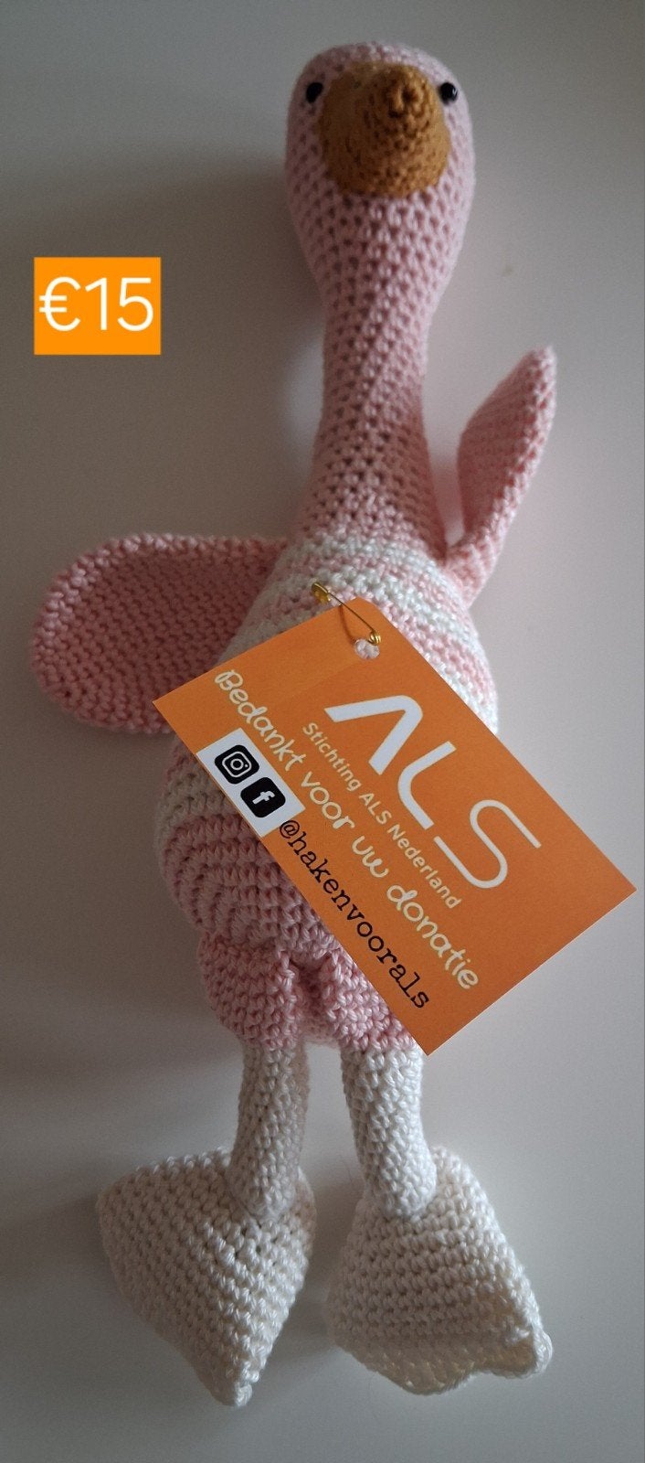 Gehaakte roze/witte flamingo knuffel - Steun ALS, Overige merken, Overige karakters, Overige typen, Ophalen of Verzenden