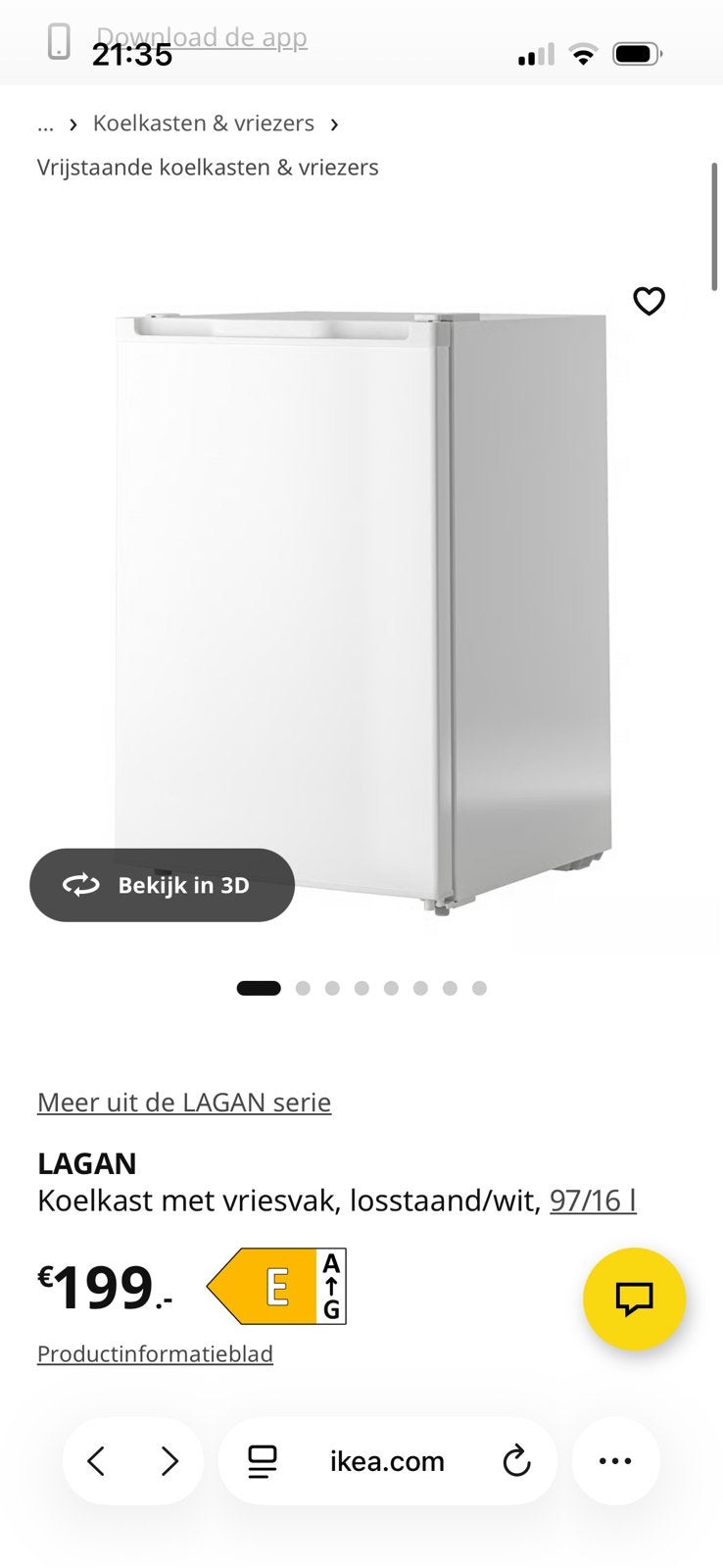 IKEA LAGAN Fridge with Freezer 97/16L, Witgoed en Apparatuur, Koelkasten en IJskasten, Ophalen, 200 liter of meer, 160 cm of meer