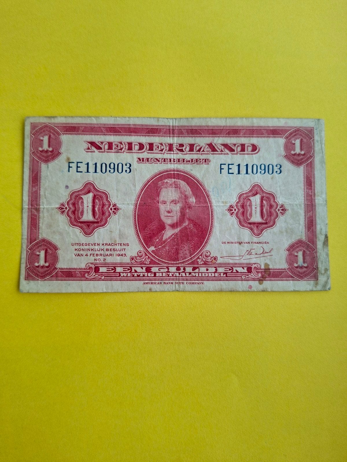 1 gulden Wilhelmina uit 1943
in ZF
Serie nummer FE 110903
NV, Ophalen of Verzenden, 1 gulden, Los biljet
