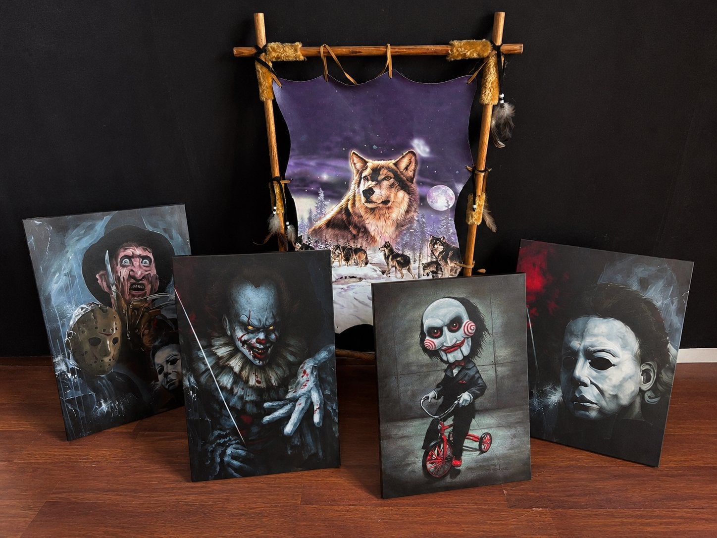Horrorfilm en wolf schilderijen - Set van 5, Antiek en Kunst, Ophalen, Figuren, Print, Op houten frame