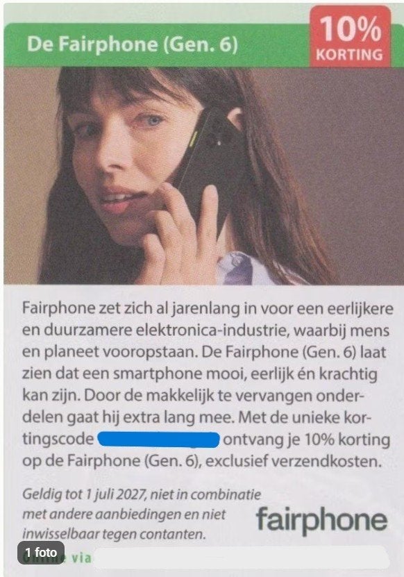De Fairphone (Gen. 6) 10% kortingscode, Eén persoon, Kortingsbon, Warenhuis- of Winkelbon