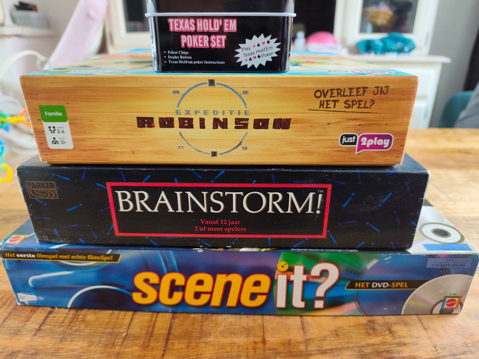 Bordspellen: Brainstorm, Expeditie Robinson, Scene It? Poker, Ophalen of Verzenden, Gebruikt