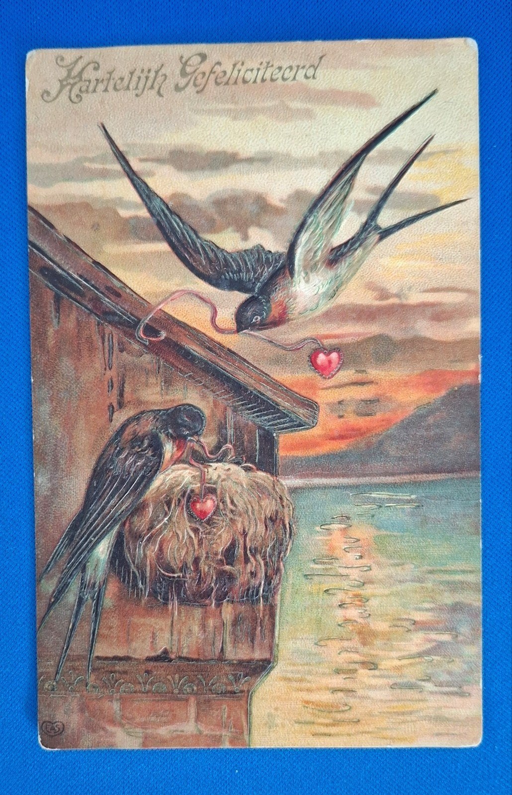 Ansichtkaart Gefeliciteerd met Zwaluwen reliëfkaart 1910, Ophalen of Verzenden, Voor 1920, Gelopen