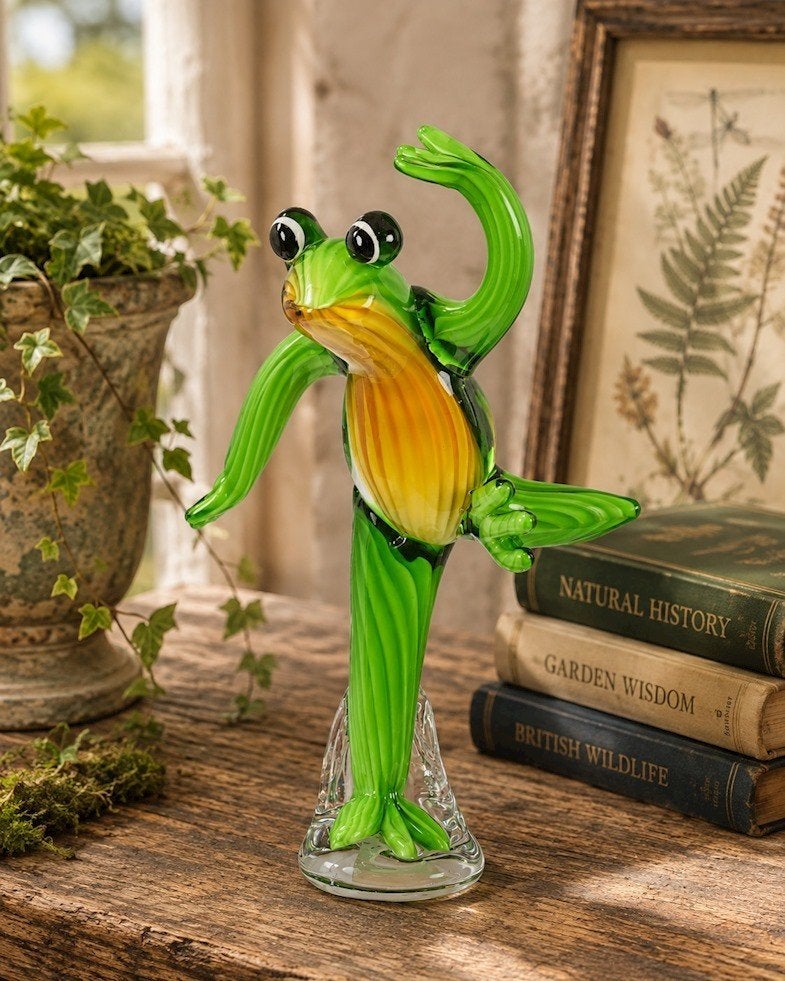 Glazen Kikker Balerina Beeldje - Groen en Oranje, Antiek en Kunst, Ophalen of Verzenden