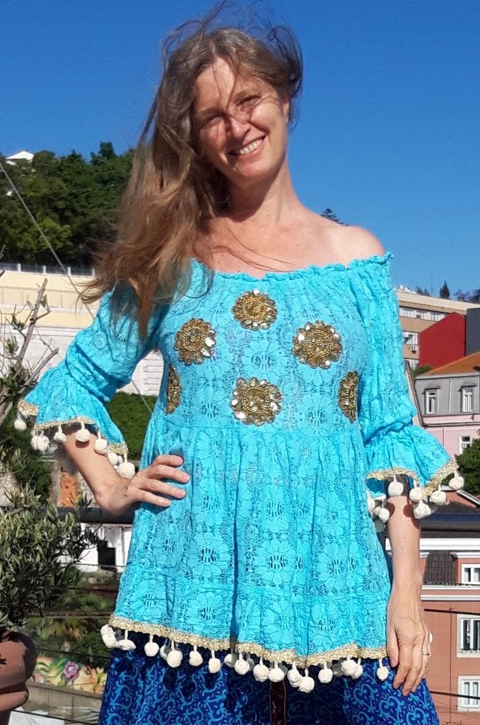 Kanten TURQUOISE off-shoulder blouse tuniek mini jurk L XL, Ophalen of Verzenden, Nieuw, Maat 46/48 (XL) of groter, Blauw