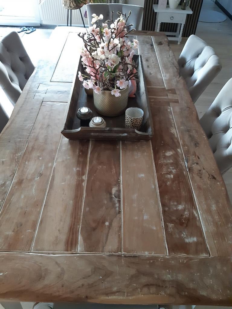 Eettafel 6 pers, houten blad en witte poten (205x95x77 cm), Huis en Inrichting, Tafels | Eettafels, Ophalen