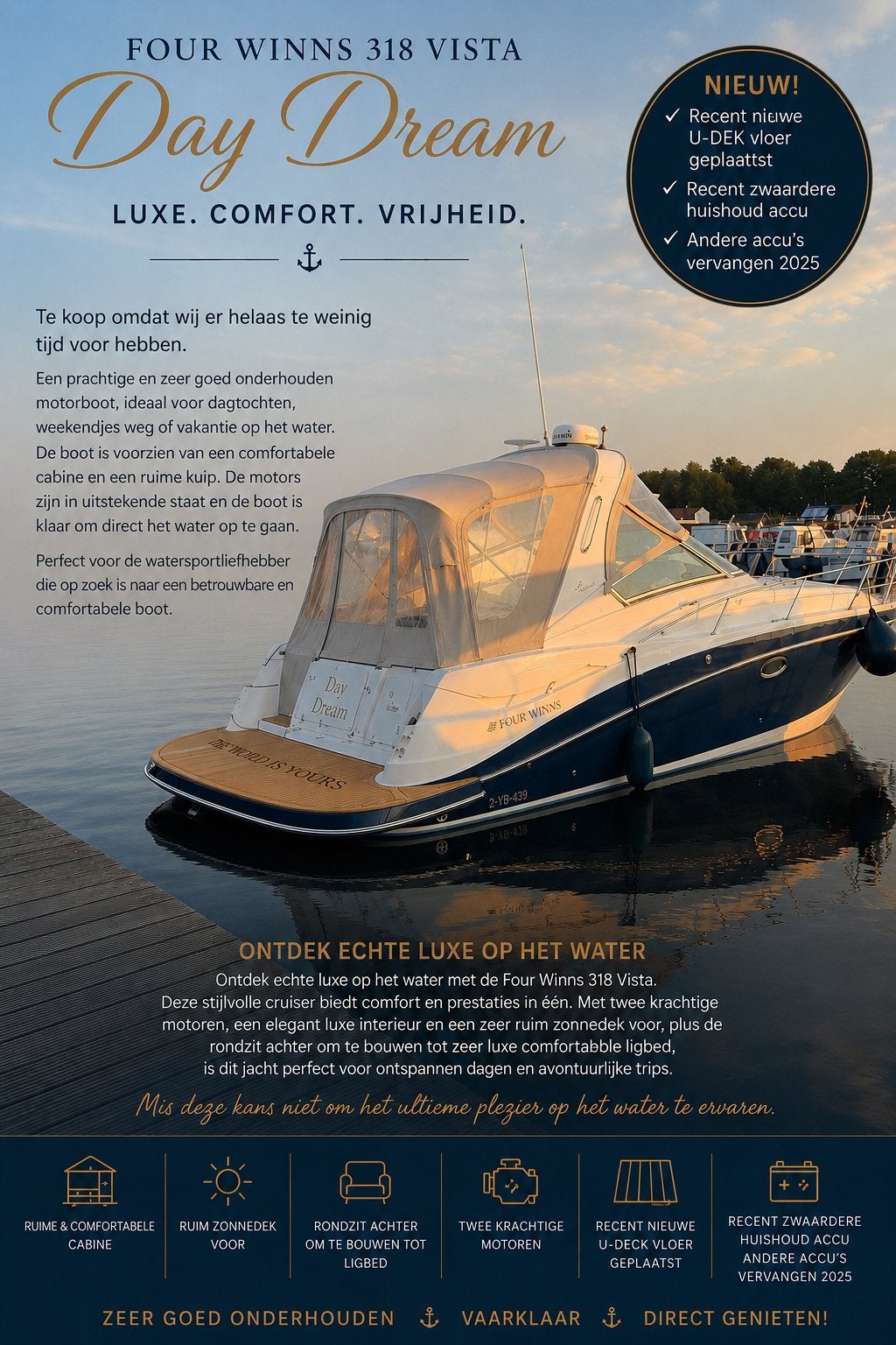 Four Winss Vista 318 Yacht Cruiser met NIEUWE U-DECK VLOER!, Ophalen, Overige merken, Met afstandsbediening, 1.95 meter