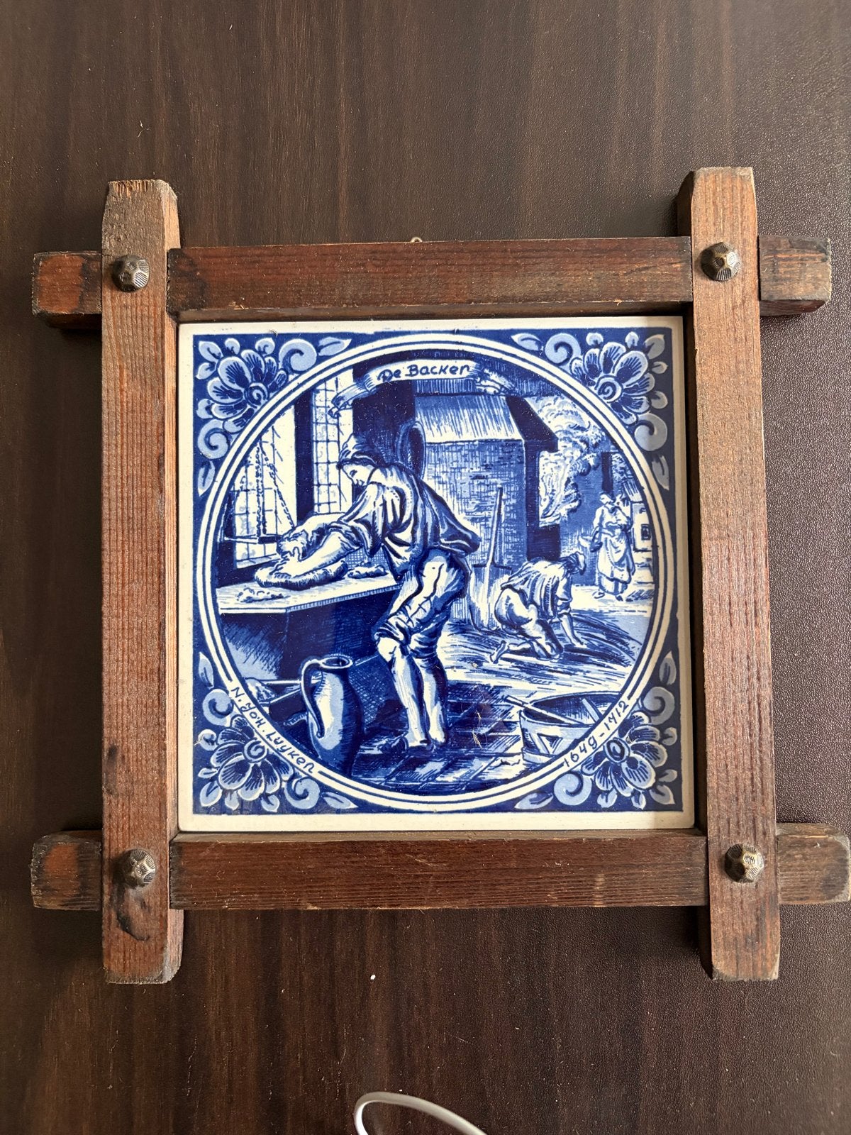 Delfts Blauw Tegeltableau 'De Backer' in Houten Lijst, Ophalen of Verzenden