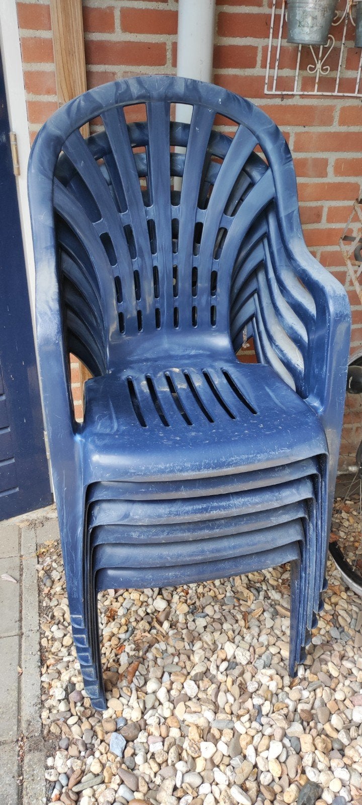 Set van 6 blauwe plastic tuinstoelen kuipstoelen, Ophalen, Gebruikt, Plastic