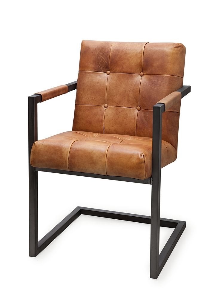 Leren stoel met metalen frame, Ophalen, Bruin, Leer, Zo goed als nieuw