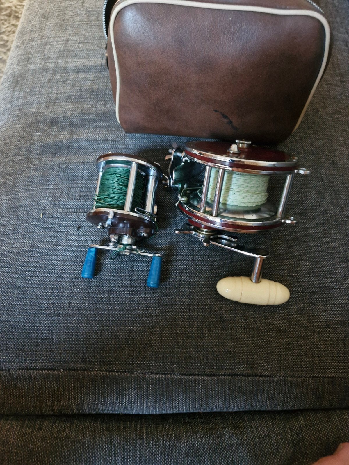 Vintage zee  vismolens met tas, Ophalen of Verzenden, Gebruikt, Molen
