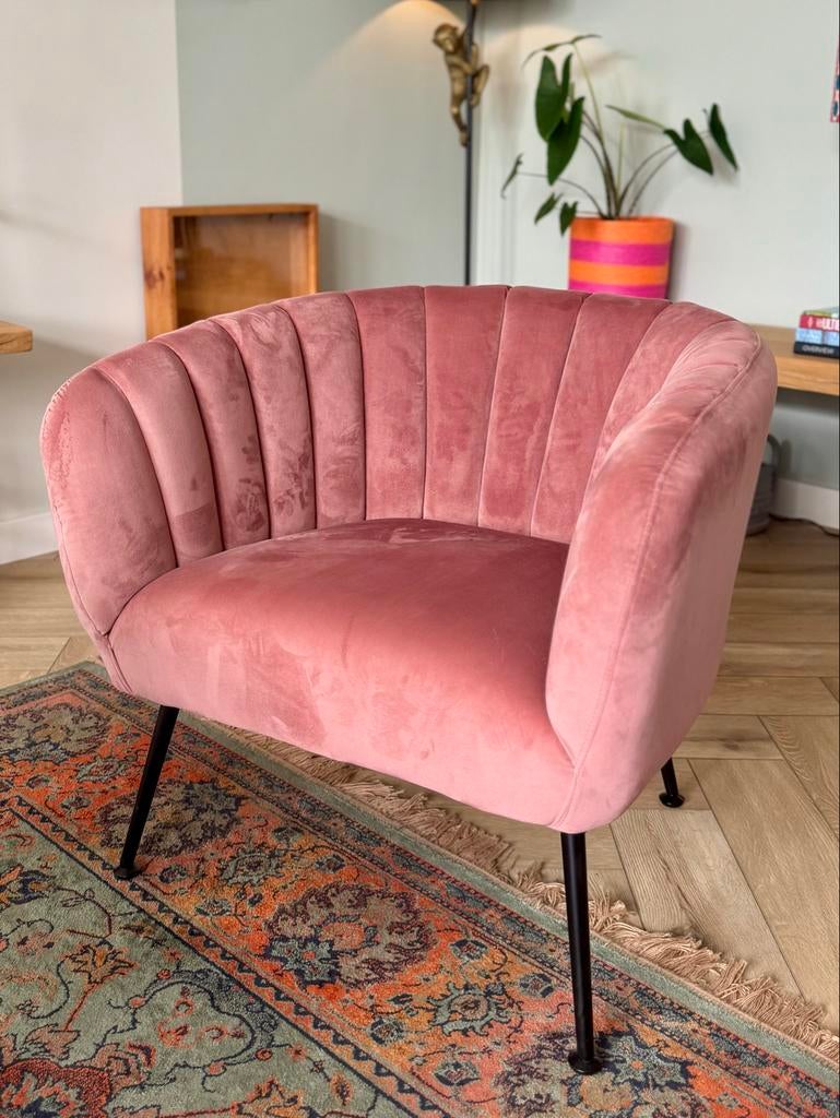 Roze fauteuil met velvet stof, Huis en Inrichting, Fauteuils, Zo goed als nieuw, Stof, 50 tot 75 cm, Minder dan 75 cm, Ophalen