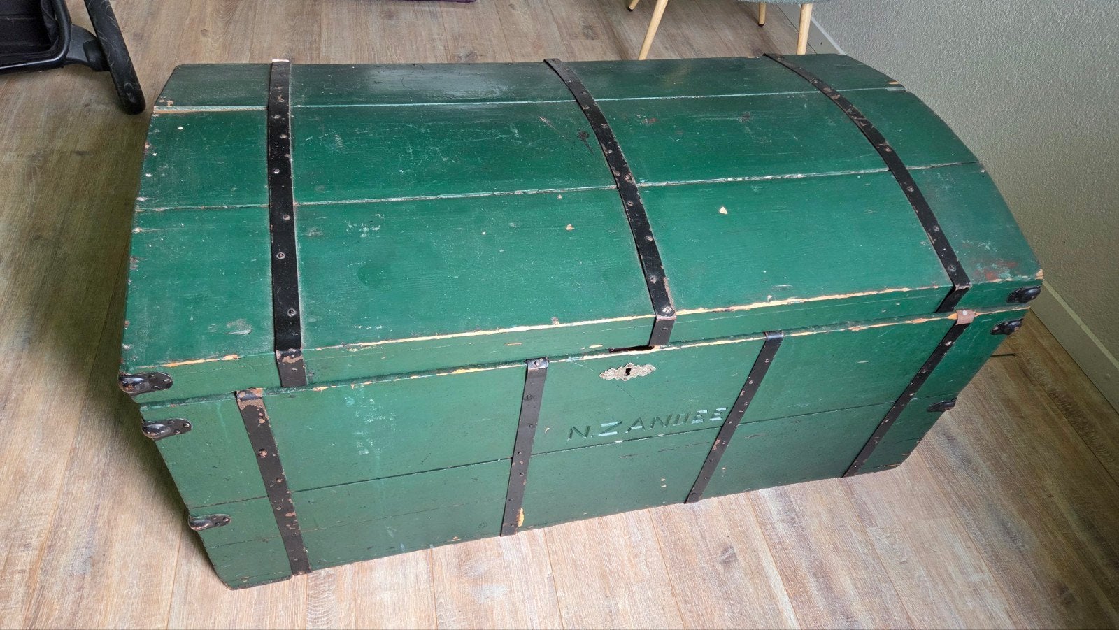 Vintage groene hutkoffer, Ophalen, 50 – 75, Gebruikt, 100 tot 150 cm