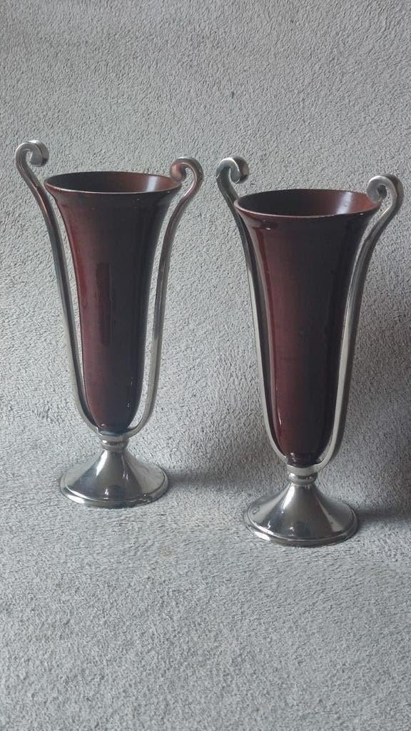 Art Deco Vazen Set met zilverkleurige voet - hoogte 32 cm, Ophalen of Verzenden