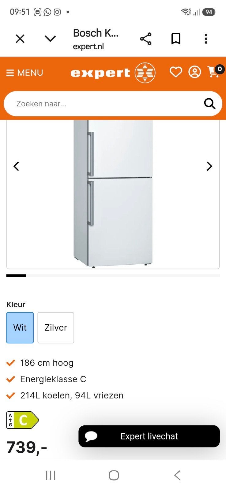 Bosch KGE36EWCP Koelvriescombinatie Wit, Witgoed en Apparatuur, Ophalen