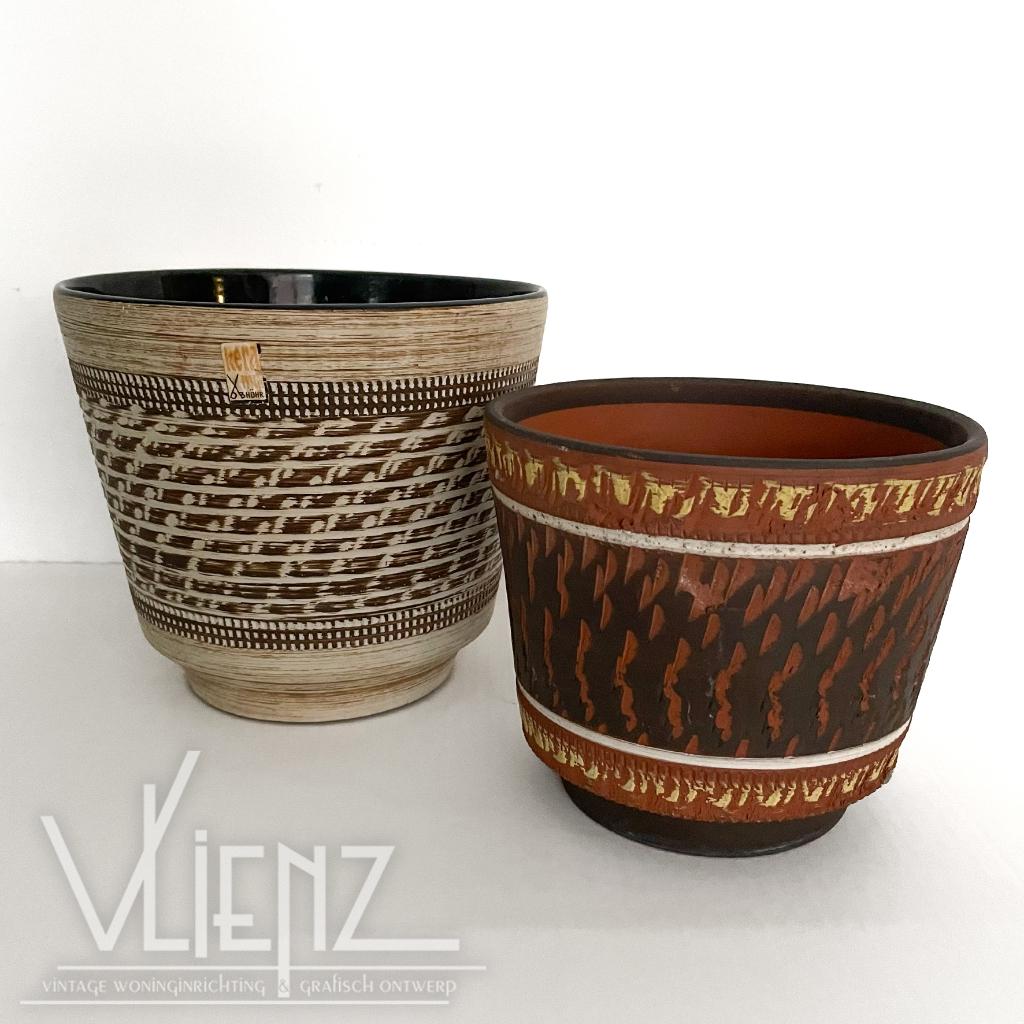 Vintage, retro bloempotten Keramik Höhr oranje en beige, Ophalen of Verzenden, Huis en Inrichting