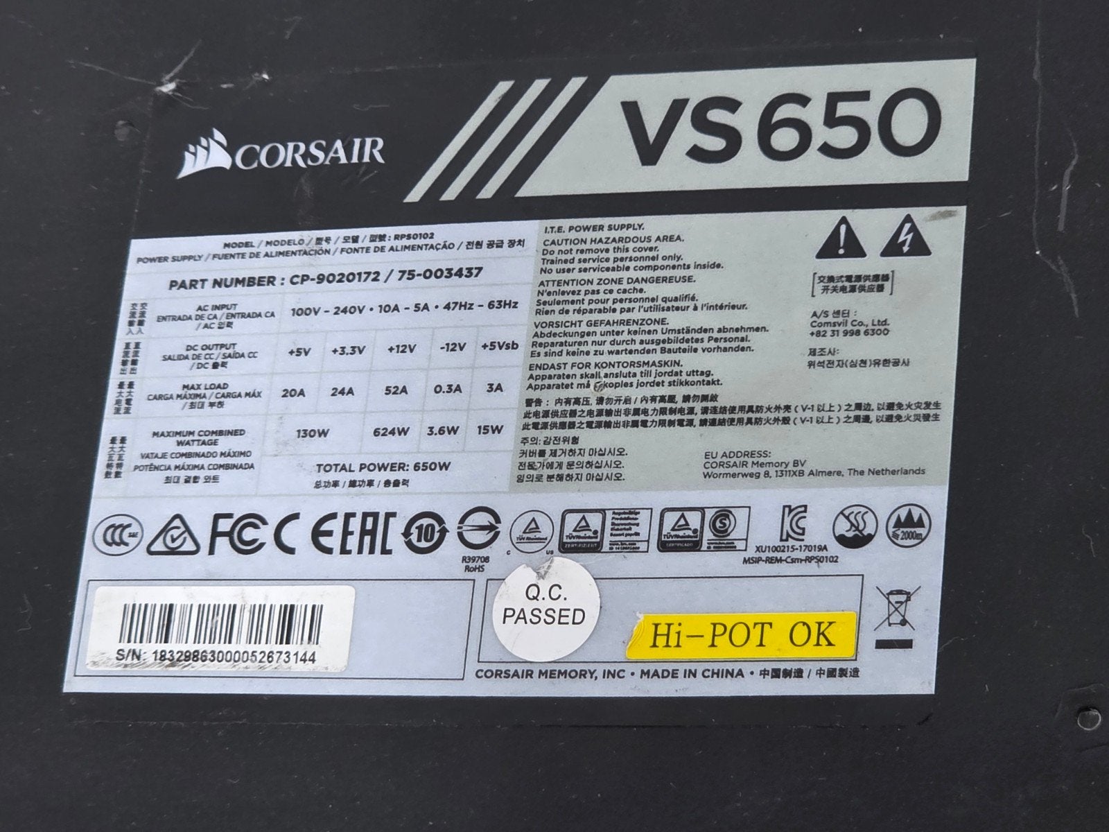 Corsair 650w max voeding psu power supply vs650, Gebruikt, ., Ophalen of Verzenden, .