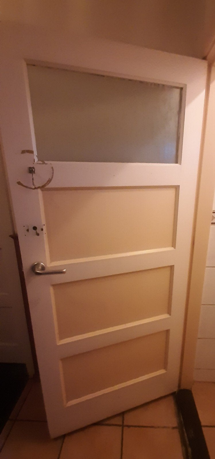 Paneeldeur 4-vaks met glas, 82,5x187 cm, Ophalen, Gebruikt, 80 tot 100 cm, Binnendeur