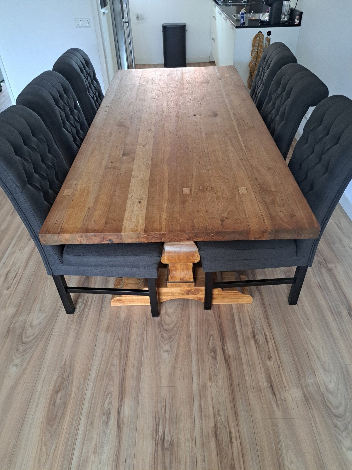 Teakhouten Kloostertafel met 6 eetkamerstoelen, Huis en Inrichting, Tafels | Eettafels, Ophalen, Gebruikt, 200 cm of meer, 50 tot 100 cm