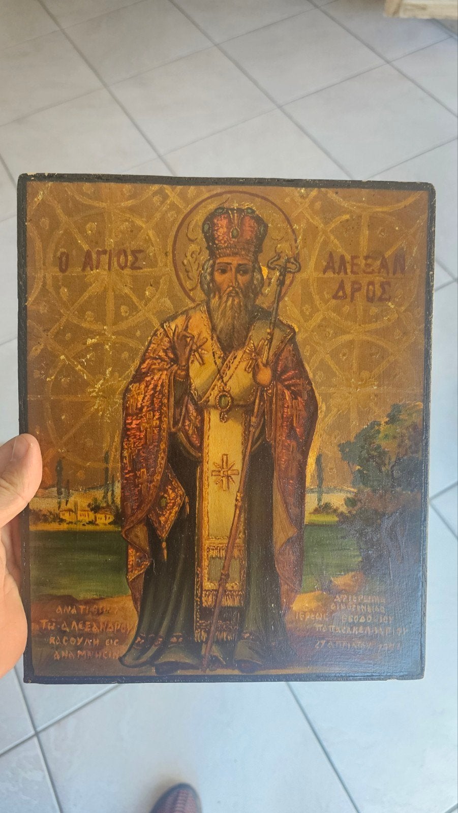 Oud Grieks-orthodox icoon Sint-Alexander - handgeschilderd, Antiek en Kunst, Ophalen of Verzenden