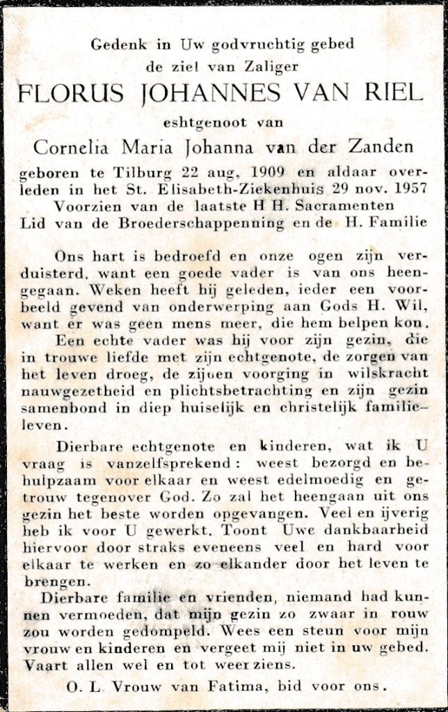 Riel Florus 1909  Tilburg 1957 Tilburg, Ophalen of Verzenden, Bidprentje