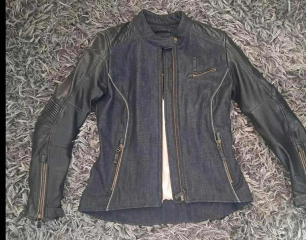 Dames motorjas spijkerstof/leer - Zo goed als nieuw (maat S), Ophalen, Jas | leer, Alpinestars, Dames