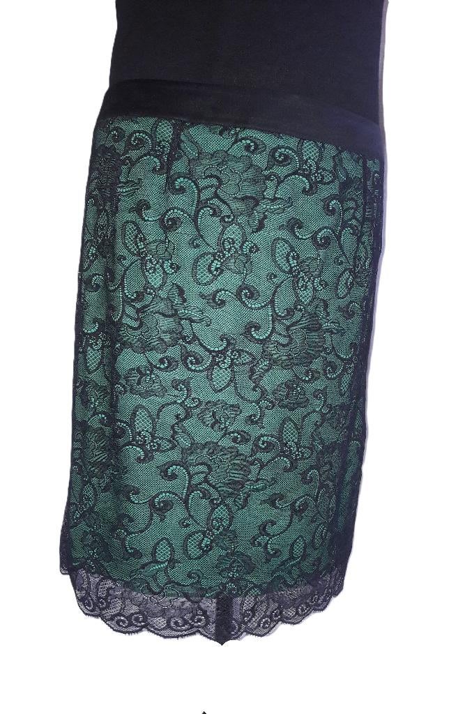 Julien Le Roy vintage rokje groene ondergrond met zwart kant, Maat 42/44 (L), Ophalen of Verzenden, Zo goed als nieuw, Knielengte