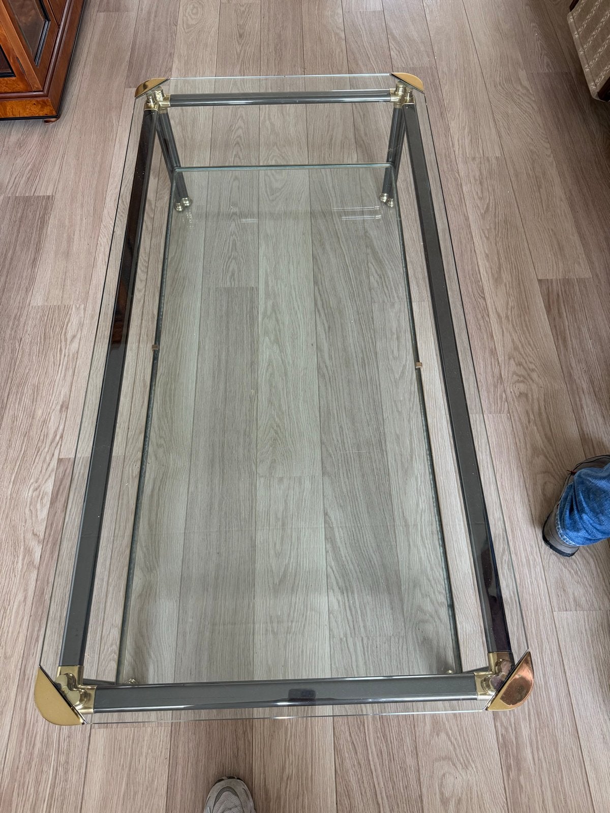 Glazen salontafel met messing en donker metalen frame, Huis en Inrichting, Ophalen, Gebruikt, 100 tot 150 cm, 50 tot 100 cm