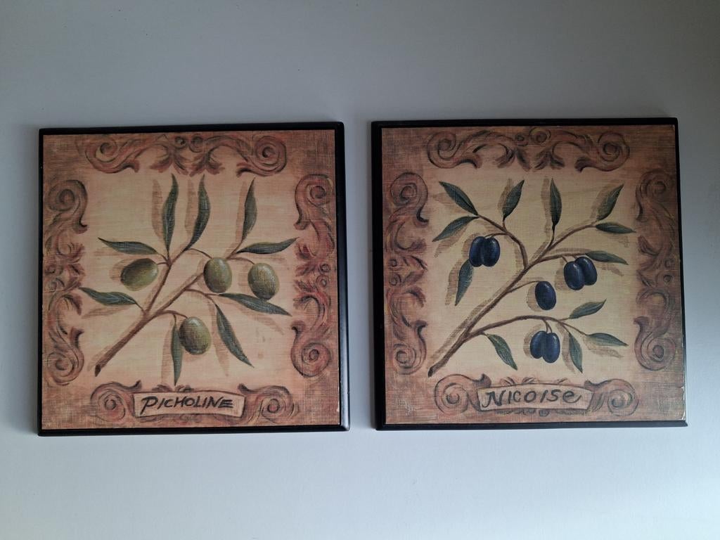 Set van 2 wandpanelen met olijftakken - Picholine & Niçoise, Gebruikt, Hout, Meerkleurig, Ophalen of Verzenden