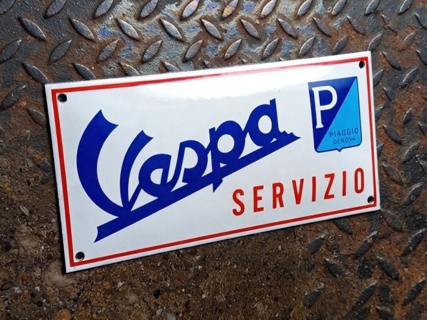 Emaille Schild VESPA Vintage Scooter Reclamebord Italië 80's, Verzamelen, Verzenden, Gebruikt, Reclamebord