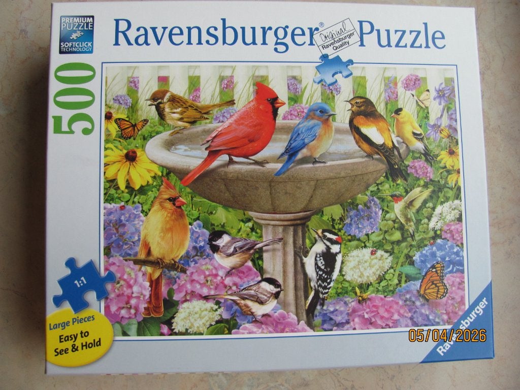 NIEUWSTAAT 500 XL pcs PUZZEL Bij het Vogelbadje RAVENSBURGER, Ophalen of Verzenden, 500 t/m 1500 stukjes, Zo goed als nieuw, Legpuzzel