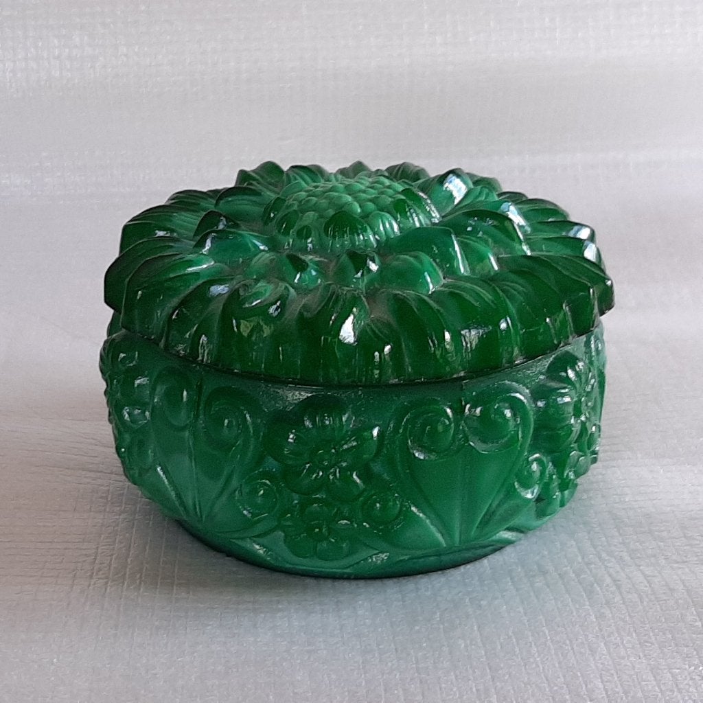 vintage smaragd groene, glazen sieradendoos / dekselpot, Antiek en Kunst, Antiek | Glas en Kristal, Ophalen
