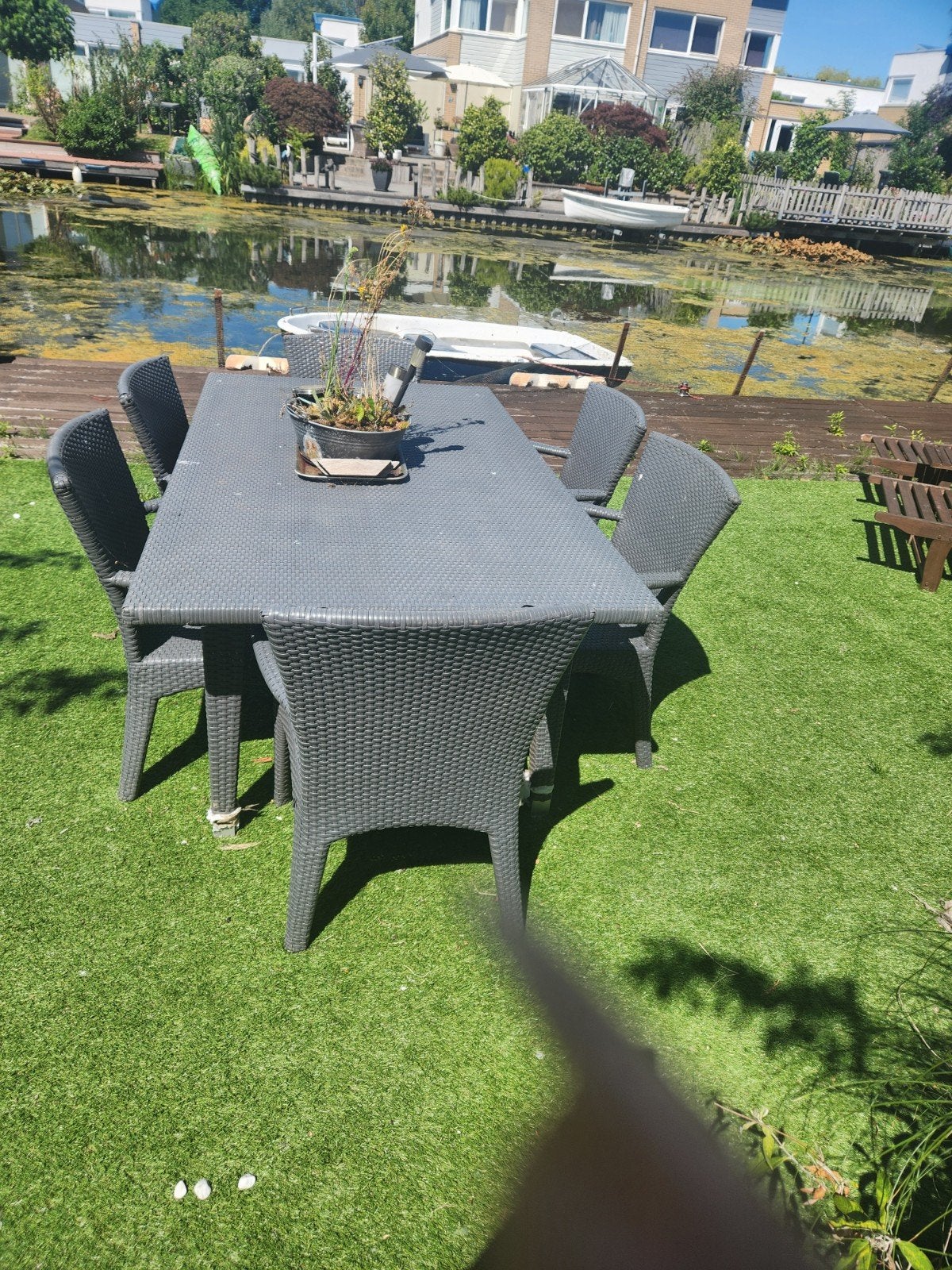 Tuinset met 6 stoelen en 1 tafel - grijs, Ophalen, Kunststof, Gebruikt, 6 zitplaatsen