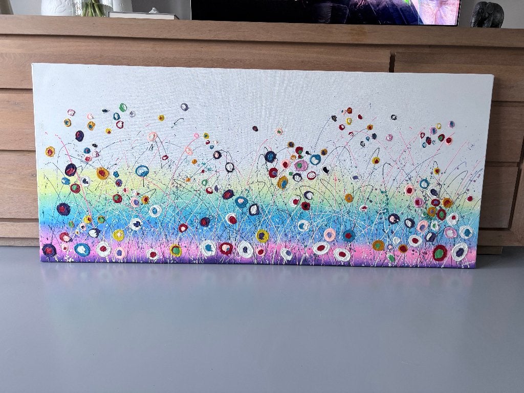 Schilderij Happy Flowers, Vrolijk Hip bloemenveld Flourish, Ophalen, Acrylverf, Handgeschilderd, Overige materialen