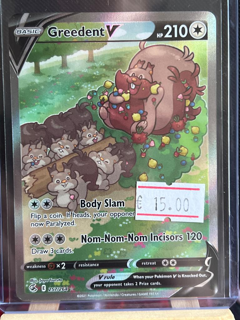 Pokémon Kaart Greedent V (257/264) - Full Art, Ophalen of Verzenden, Zo goed als nieuw, Losse kaart
