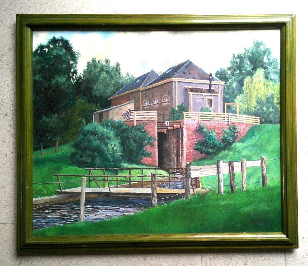 Watermolen ? aan de dijk '94 - gesigneerd Hessel, Antiek en Kunst, Doek, Impressionistisch, Ophalen of Verzenden, Gedateerd