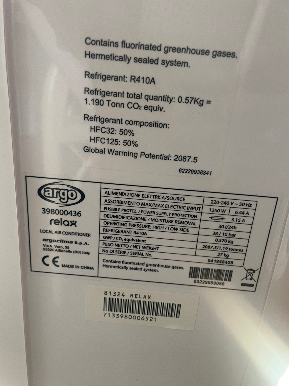 Te koop Argo Relax rijdende airco, Witgoed en Apparatuur, Airco's, Ophalen, Minder dan 60 m³, Timer, 3 snelheden of meer