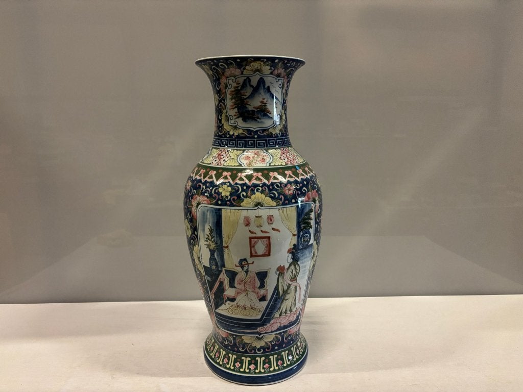 Grote porseleinen vaas Chinese stijl, blauw met figuren, Ophalen of Verzenden