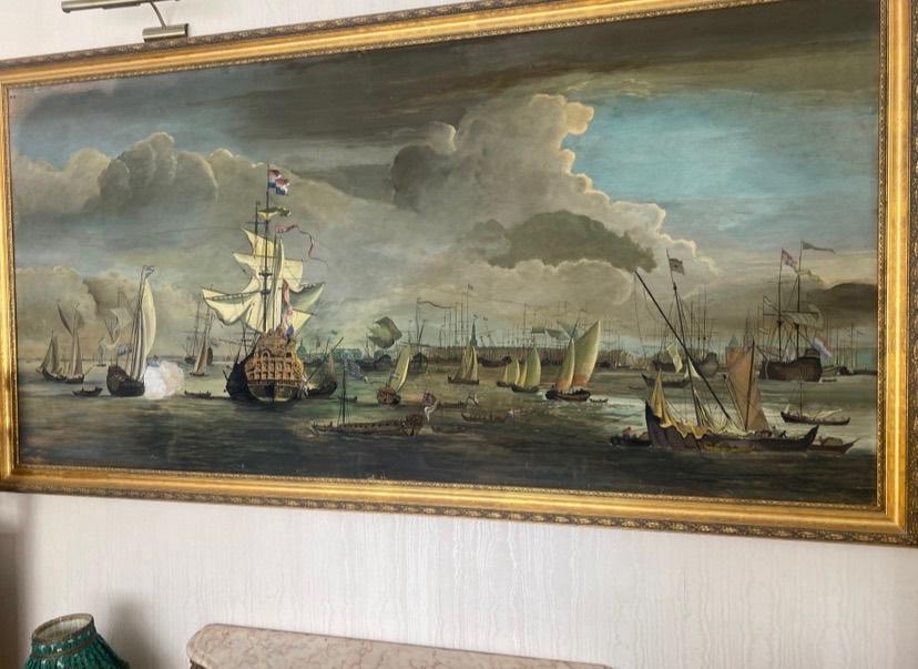 Zeer groot schilderij met VOC schepen, Antiek en Kunst, Ophalen