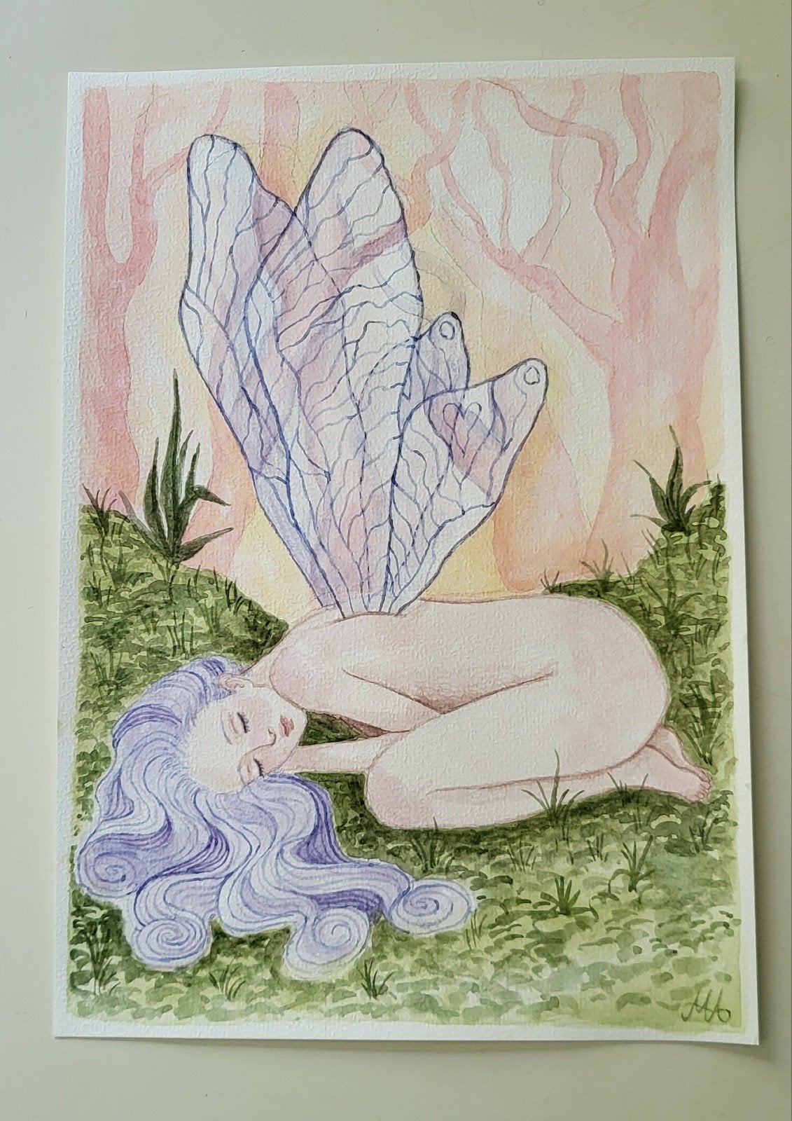 Slapende fee waterverf, Antiek en Kunst, Personages en Fantasiefiguren, Gesigneerd, Ophalen of Verzenden, Overige techniek
