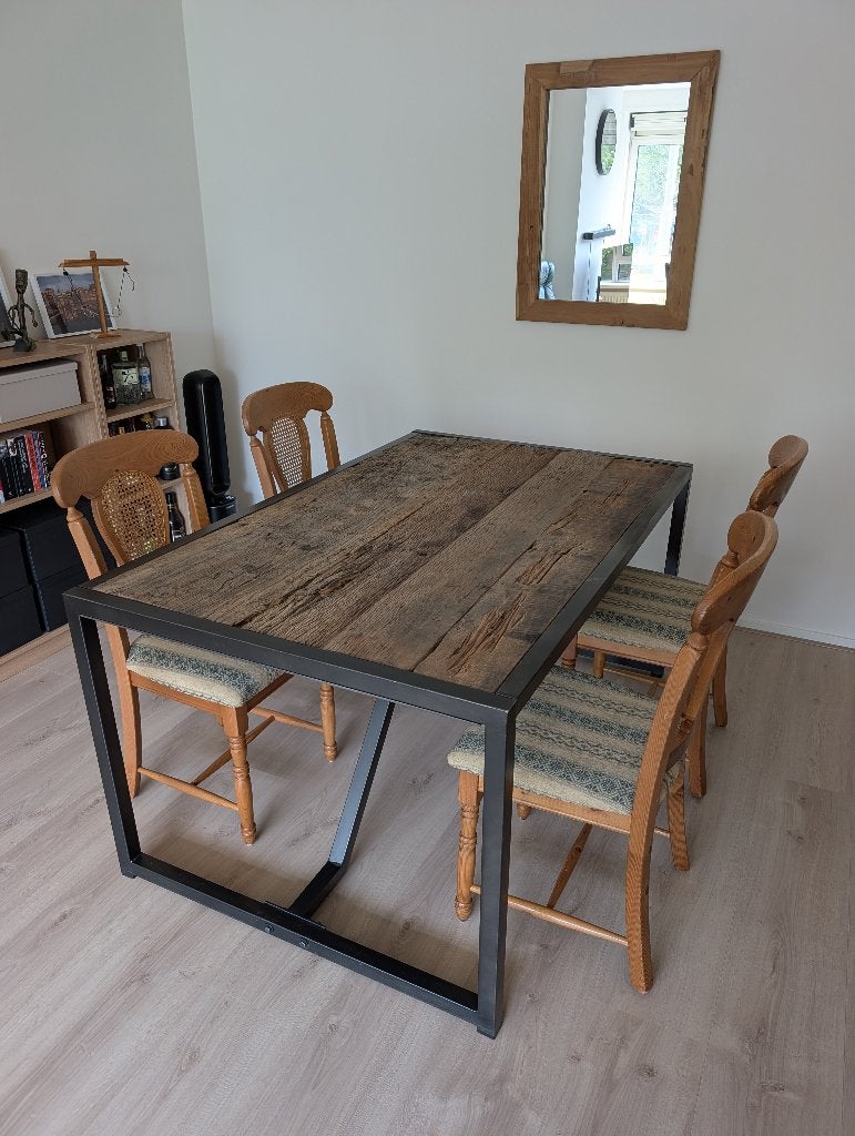 Set van 4 vintage eetkamerstoelen hout met rotan/webbing, Ophalen