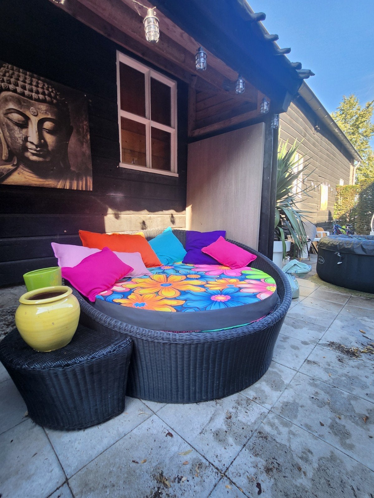 Zonne eiland/lounge bed met kussen 2 prints, Gebruikt, Bank, Loungeset, Wicker
