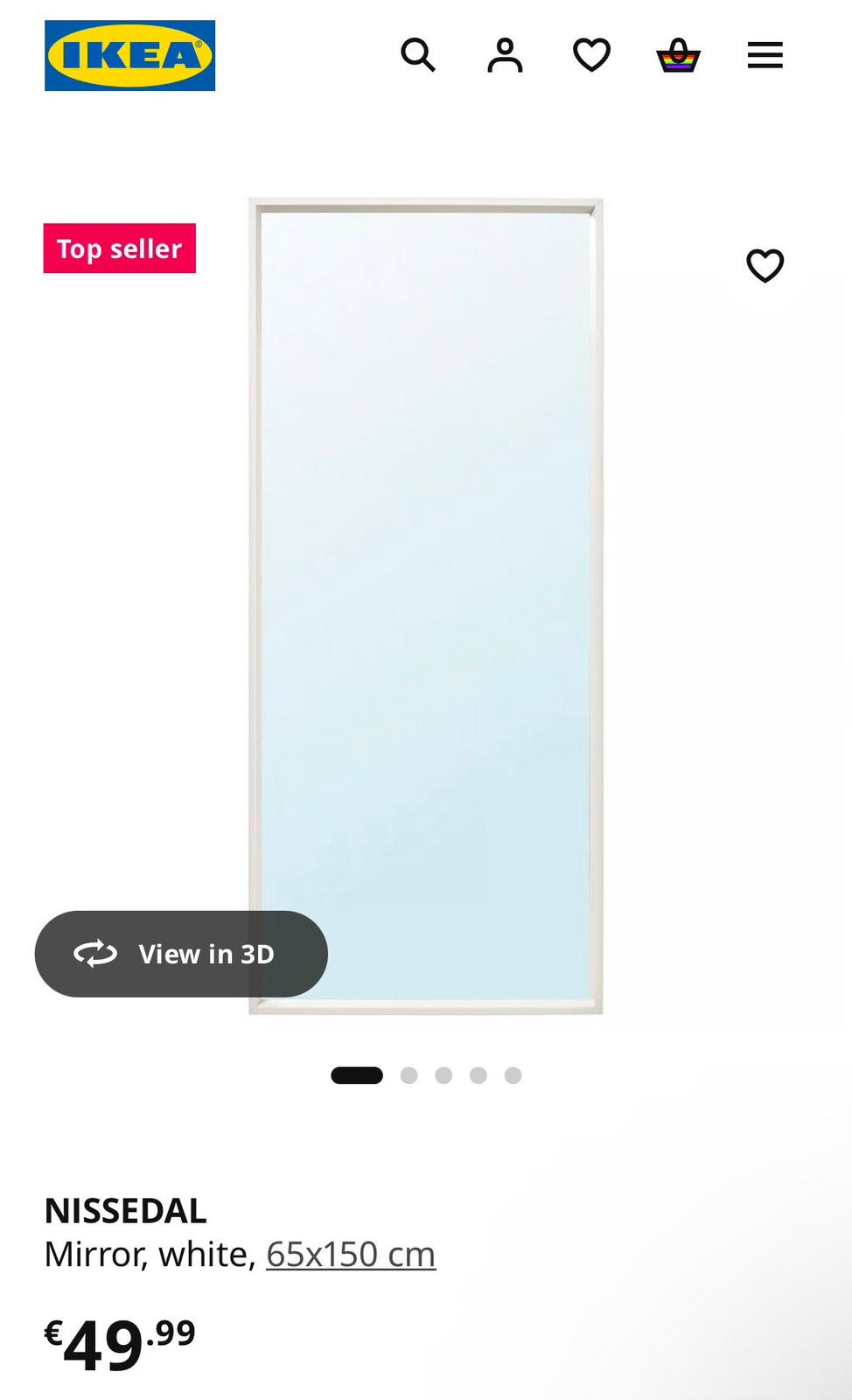 IKEA NISSEDAL spiegel in wit, 65 x 5,5 x 150 cm - als neuw, Ophalen, Minder dan 50 cm, Zo goed als nieuw, Minder dan 100 cm